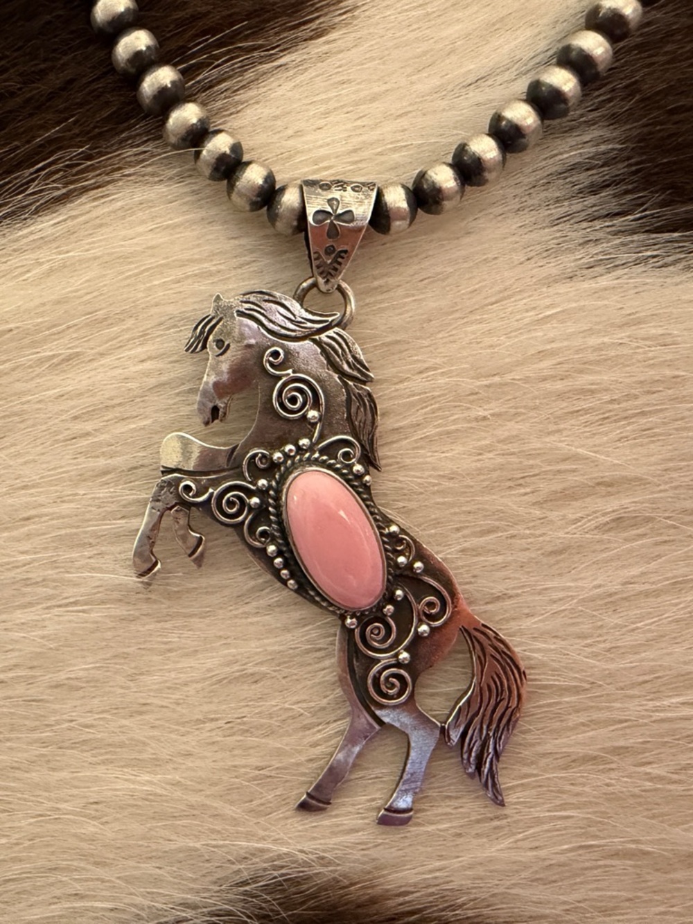 ❤️ Queen Pink Conch Sterling Hand Stamped Statement Rearing Horse Pendant 2.51”L - Picture 3 of 13
